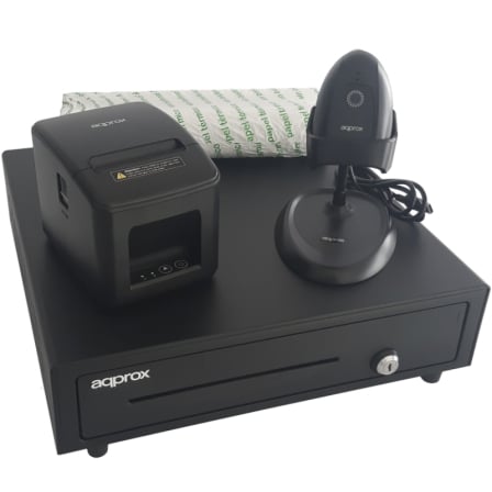 Pack para TPV Approx appPOSPACK4180USB/ Cajón Portamonedas + Impresora Térmica de Tickets + Lector de Códigos + Rollos Térmicos