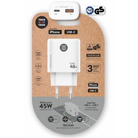 Carregador de Parede GaN Tech One Tech TEC2245/ 1xUSB Tipo-C/ 1xUSB/ 45W