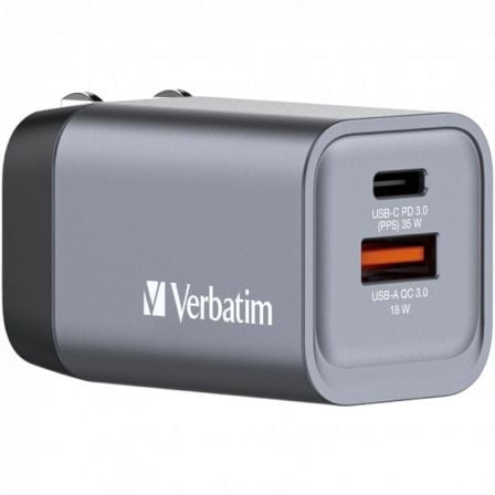 Cargador de Pared Universal GaN para Viaje Verbatim GNC-35/ 1xUSB Tipo-C/ 1xUSB/ 35W