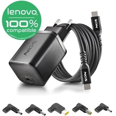 Carregador de Portátil GaN NGS BUD65W-L para Lenovo/ 1xUSB Tipo-C/ 65W/ Automático/ 5 Conectores/ Tensão 5-20V