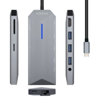 Docking USB Tipo-C Aisens ASUC-9P001-GR/ 1xHDMI 4K/ 3xUSB/ 1xRJ45/ 1xAudio/ 1xLector de Tarjetas/ 1xUSB Tipo-C PD/ Gris