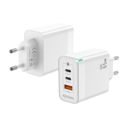 Carregador de Parede GaN Aisens ASCH-65W3P007-W/ 2xUSB Tipo-C/ 1x USB/ 65W