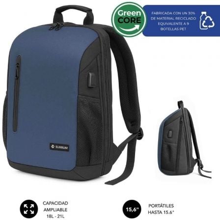 Mochila Subblim Xpand Air Padding Backpack para Portátiles hasta 15.6"/ 21L/ Puerto USB/ Azul