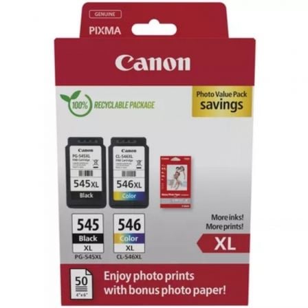 Cartucho de Tinta Original Canon PG-545XL + CL546XL Multipack de Alta Capacidade/ Preto/ Tricolor + Papel Fotográfico