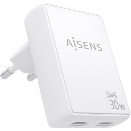Cargador de Pared GaN Aisens ASCH-30W2P075-W/ 2xUSB Tipo-C/ 30W/ Blanco